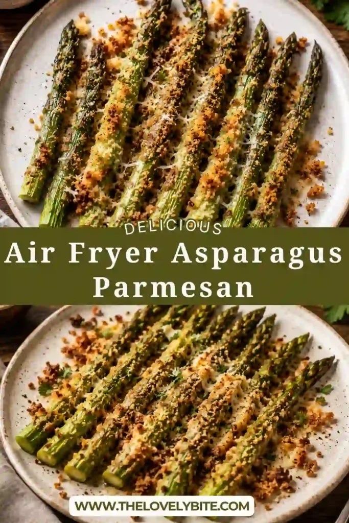 Crispy Air Fryer Asparagus Parmesan served on a white plate with golden melted Parmesan and cracked black pepper. A quick and healthy vegetable side dish.