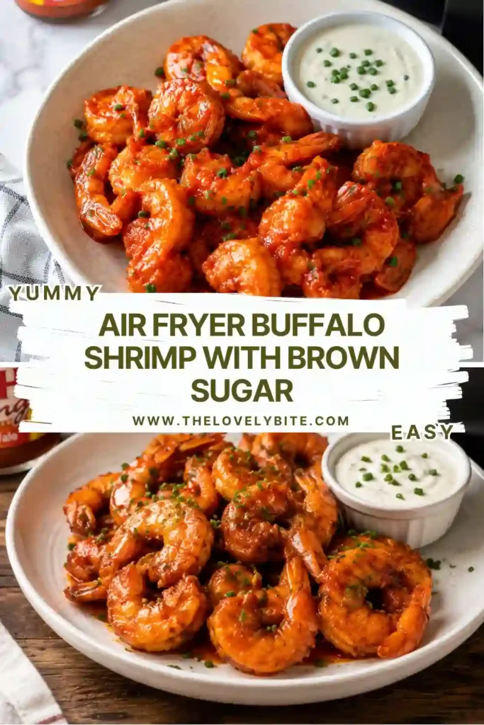 2. Golden panko-crusted buffalo shrimp fresh from the air fryer, tossed in a glossy brown sugar buffalo sauce and served as a party appetizer.