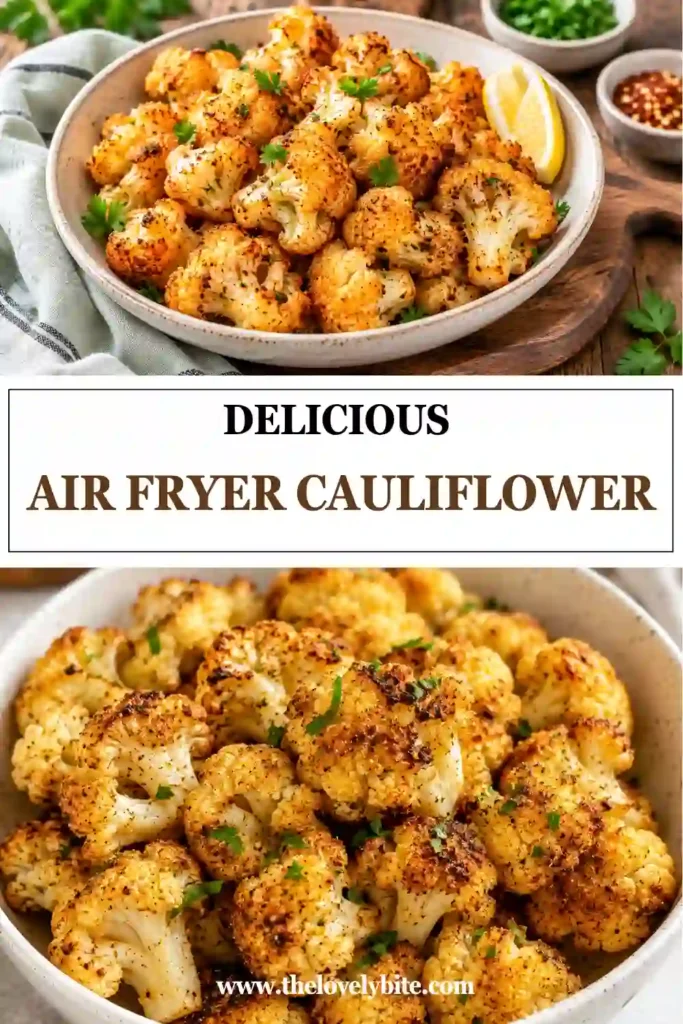 A bowl of crispy Air Fryer Cauliflower with golden brown edges and smoky paprika seasoning. This healthy air fryer side dish is perfectly roasted and ready to serve.
