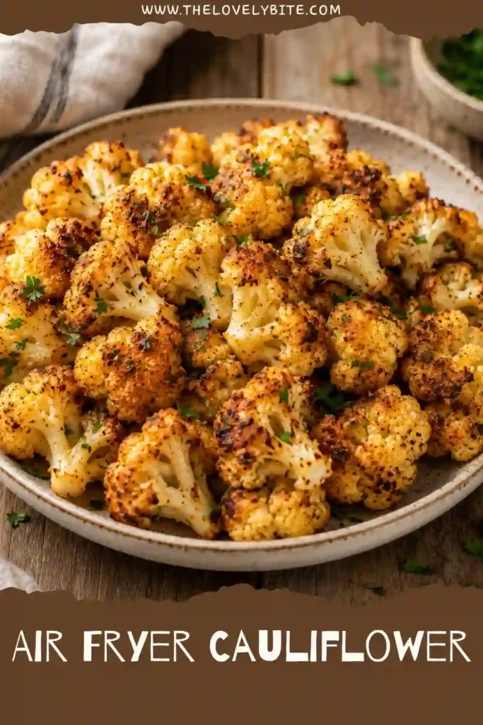 Freshly cooked Air Fryer Cauliflower florets seasoned with garlic, smoked paprika, and lemon juice. The cauliflower is crispy outside and tender inside.