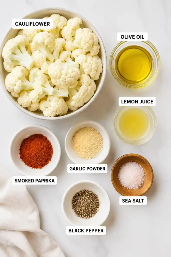 Perfectly browned cauliflower florets served warm after cooking in the air fryer. A flavorful and healthy vegetable recipe with simple ingredients.