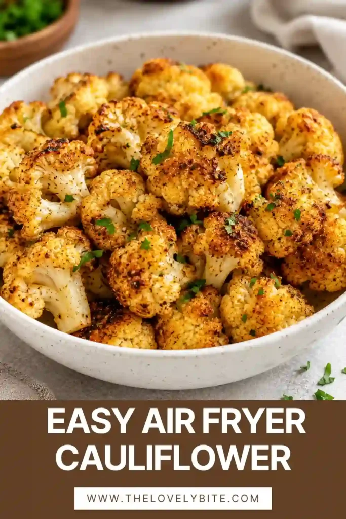Golden roasted cauliflower florets cooked in an air fryer until crisp and caramelized. This easy cauliflower recipe makes a healthy side dish for weeknight dinners.