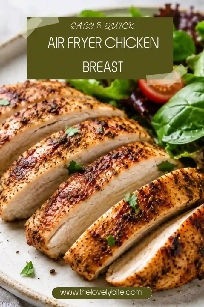 Sliced Air Fryer Chicken Breast served with fresh herbs and vegetables on a dinner plate. A simple high-protein meal made in under 25 minutes.