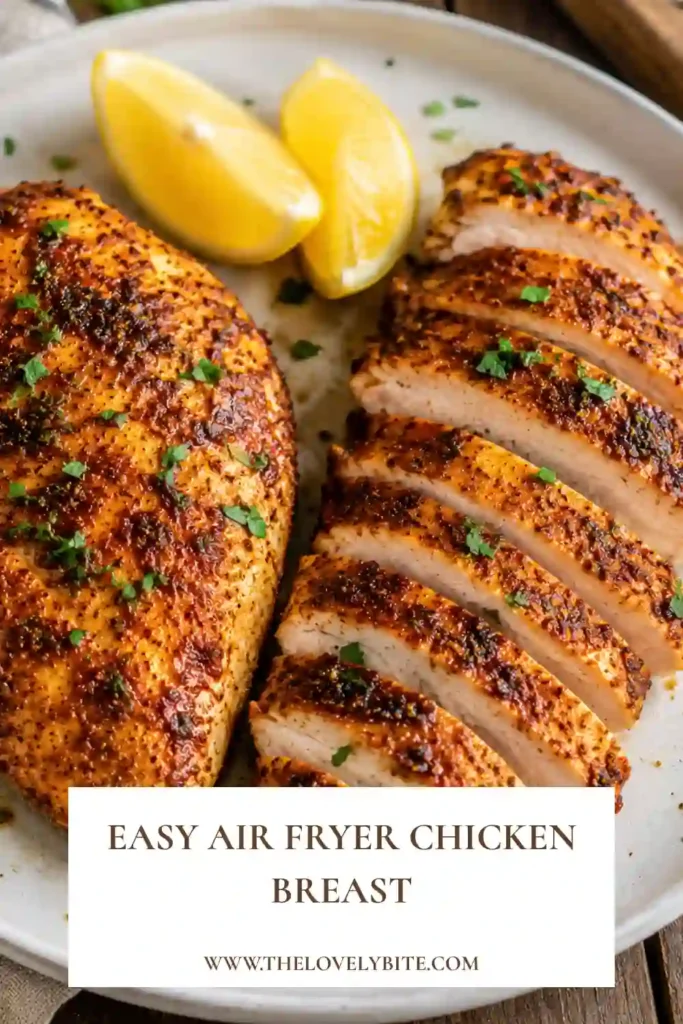 Freshly cooked Air Fryer Chicken Breast sliced into juicy pieces with golden seasoning. This easy air fryer chicken breast recipe is perfect for healthy weeknight dinners and meal prep.