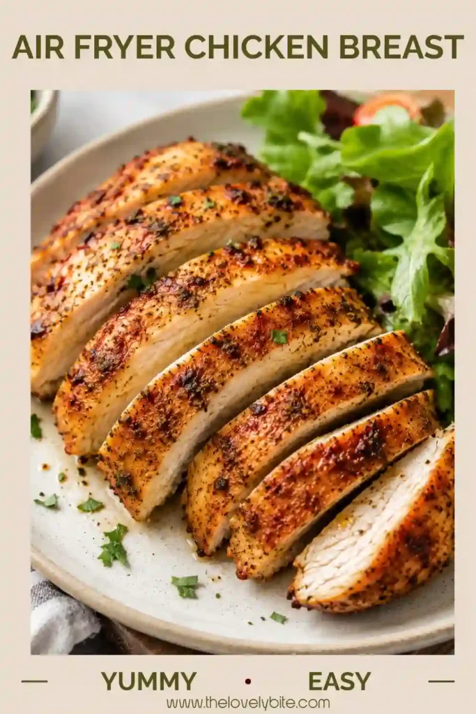 Tender Air Fryer Chicken Breast with a lightly crisp spice coating resting after cooking. Juicy boneless skinless chicken breast prepared in the air fryer.