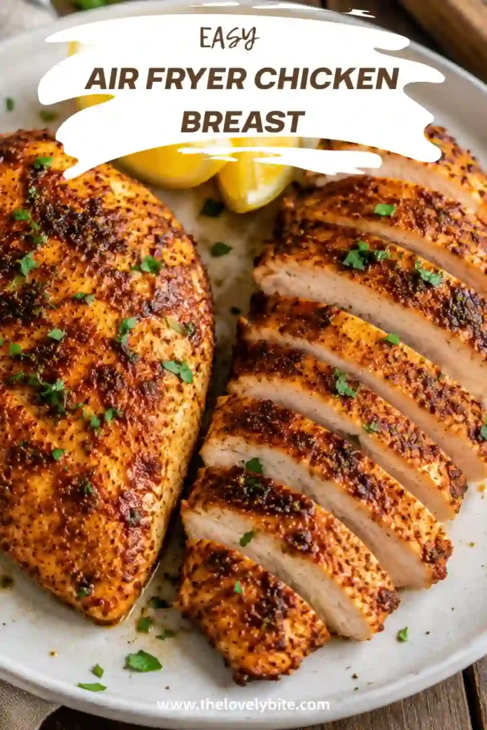Tender boneless skinless chicken breast cooked in an air fryer with garlic, smoked paprika, oregano, and lemon. The chicken is juicy, flavorful, and beautifully browned.