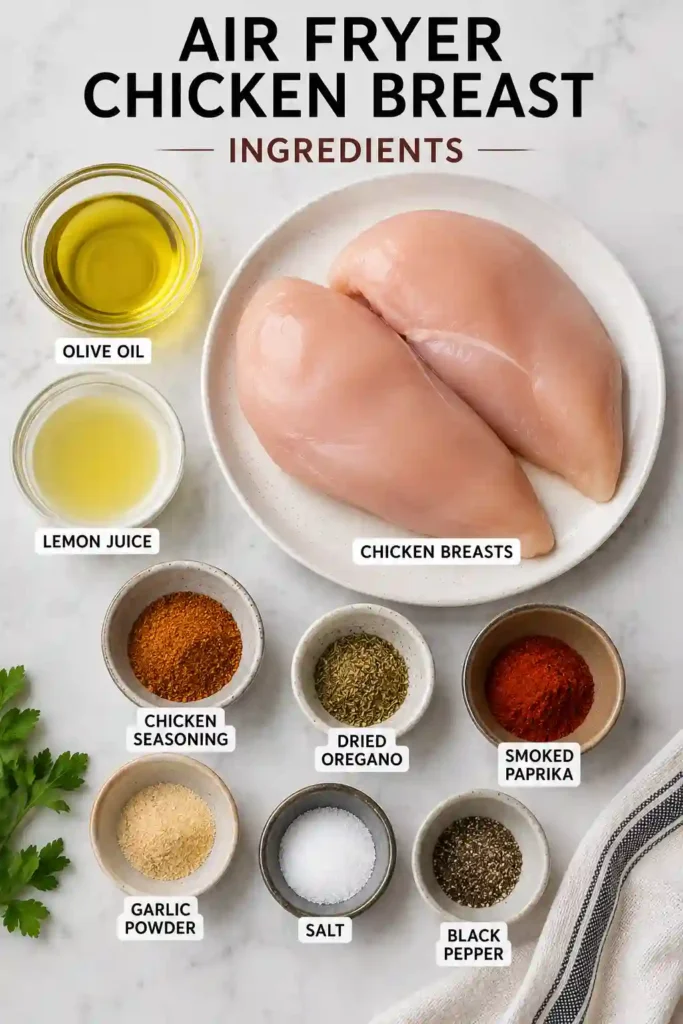 Golden Air Fryer Chicken Breast resting after cooking with visible herbs and spices. The juicy chicken makes an easy dinner or meal prep option.