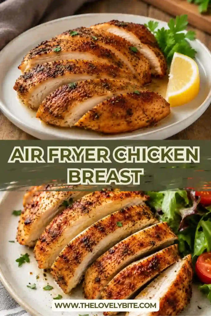 Golden brown Air Fryer Chicken Breast sliced on a wooden cutting board, showing its juicy interior and flavorful seasoning. This healthy air fryer chicken makes a perfect quick dinner recipe.
