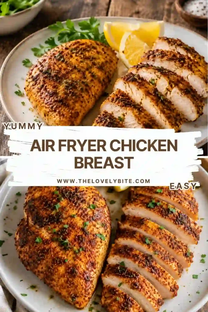 Healthy Air Fryer Chicken Breast served with roasted vegetables on a dinner plate. A simple high-protein meal that's quick to prepare and family friendly.