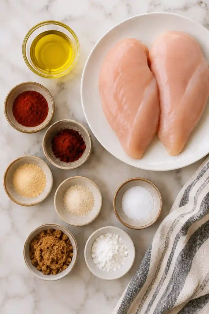 Freshly cooked boneless skinless chicken breast from the air fryer with paprika seasoning and a juicy center. Perfect for healthy lunches and quick weeknight meals.
