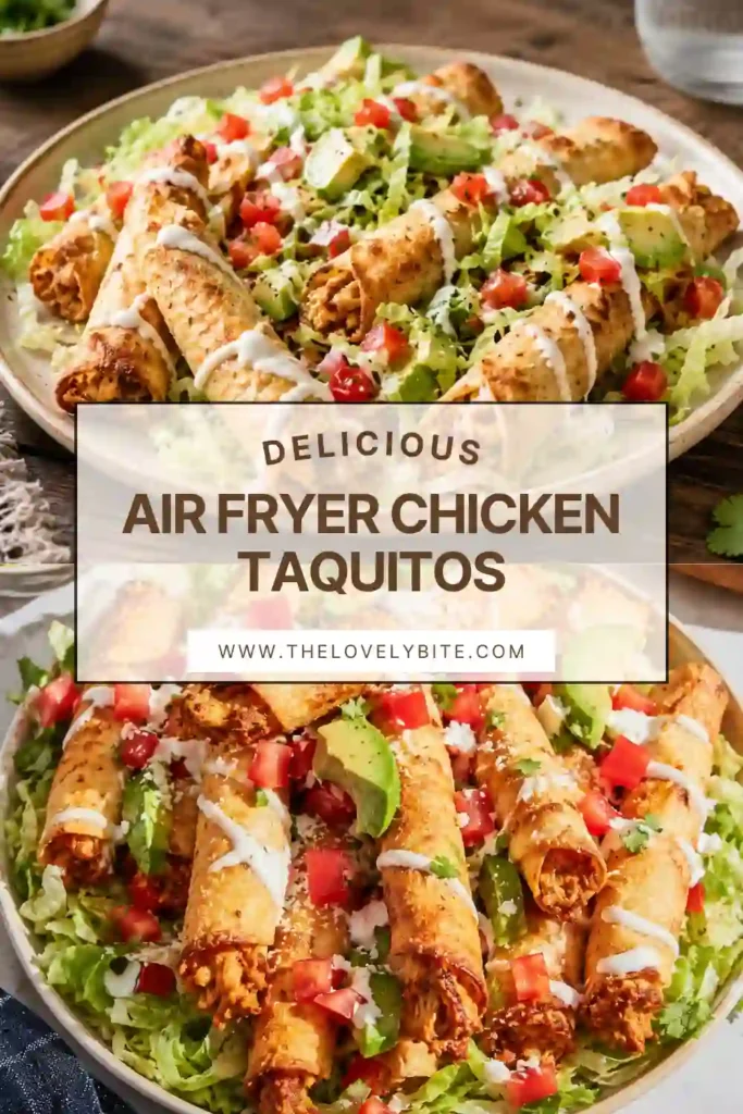 Freshly cooked Air Fryer Chicken Taquitos are golden brown and perfectly crispy, filled with shredded chicken, cream cheese, and melted Mexican cheese. Served with guacamole, sour cream, and fresh tomatoes for a flavorful meal.