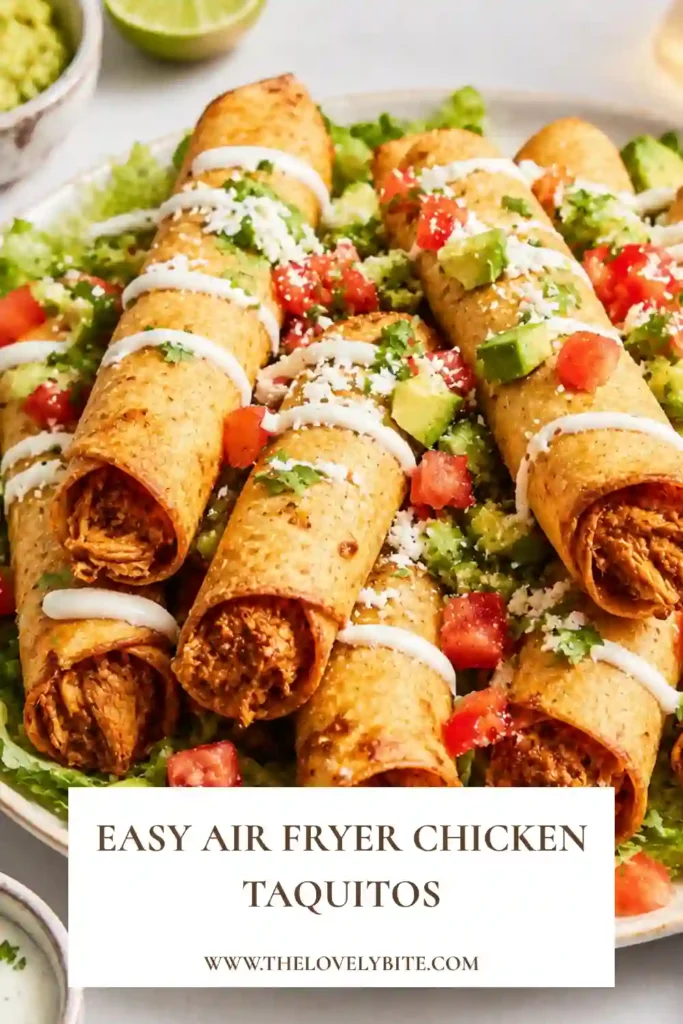 Crispy homemade Air Fryer Chicken Taquitos arranged on a serving platter with creamy dipping sauces. Each taquito features a cheesy chicken filling wrapped in crunchy tortillas.