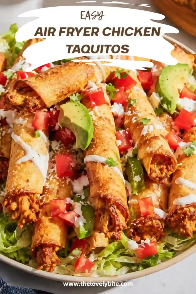 Golden Air Fryer Chicken Taquitos served with avocado crema, shredded lettuce, and diced tomatoes. These easy chicken taquitos make a delicious appetizer or family dinner.