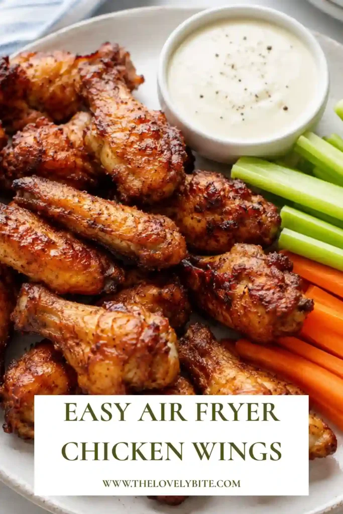 Close-up of crispy Air Fryer Chicken Wings with a flavorful paprika seasoning and golden-brown finish. Served alongside fresh vegetables and dipping sauce.Crispy Air Fryer Chicken Wings with simple pantry spices.