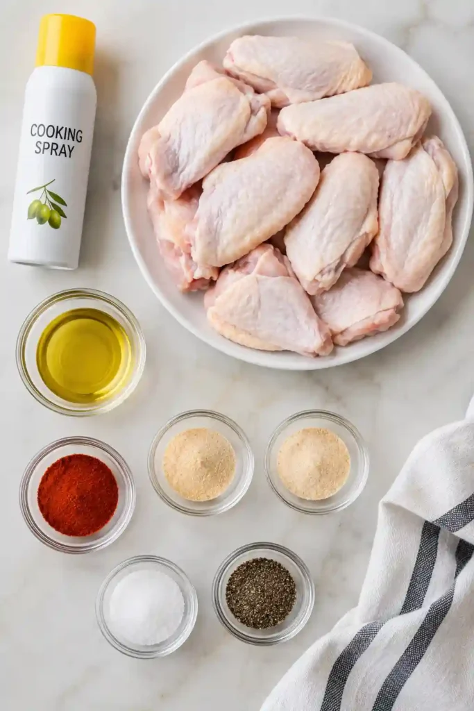 Homemade Air Fryer Chicken Wings cooked until golden and crispy on a white serving plate with ranch dressing and celery sticks.