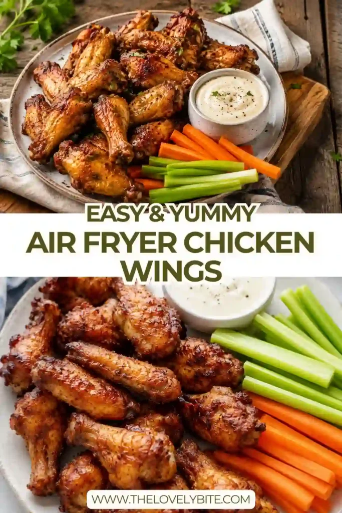 Freshly cooked crispy Air Fryer Chicken Wings seasoned with paprika, garlic, and black pepper. The wings are served hot with dipping sauce.