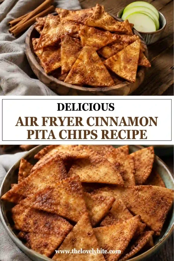 A bowl of crispy Air Fryer Cinnamon Pita Chips coated in cinnamon sugar and served fresh. These homemade cinnamon pita chips have a golden, crunchy texture perfect for snacking.
