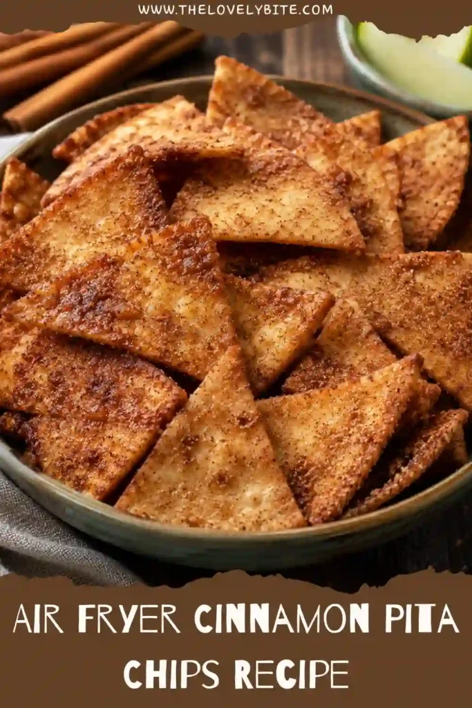 Freshly cooked cinnamon sugar pita chips arranged on a serving plate. This easy air fryer snack is crispy, sweet, and made with simple pantry ingredients.