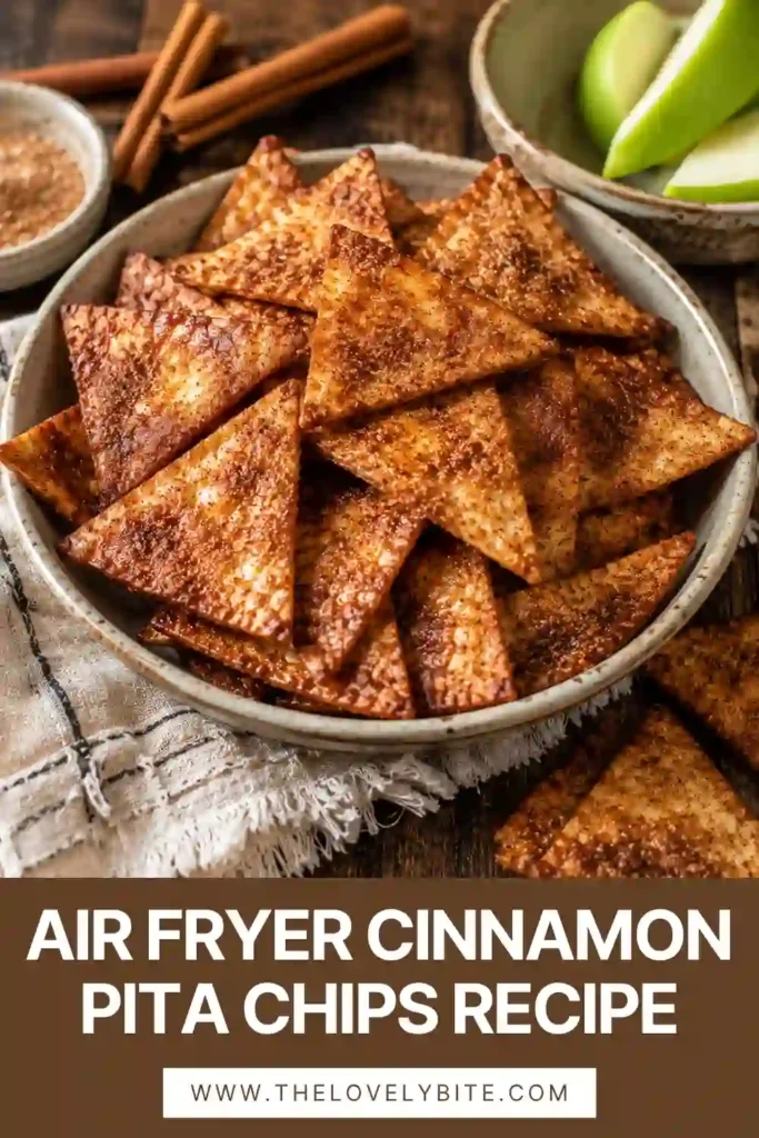 Golden Air Fryer Cinnamon Pita Chips cooling on a wire rack after cooking. The crunchy pita triangles are evenly coated with cinnamon and sugar for a delicious dessert snack.