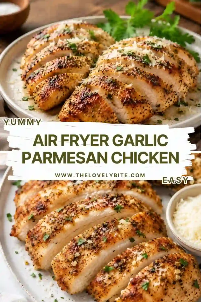 Golden Air Fryer Garlic Parmesan Chicken served on a white plate with roasted vegetables. The juicy chicken breast features a crispy Parmesan and garlic coating perfect for an easy family dinner.