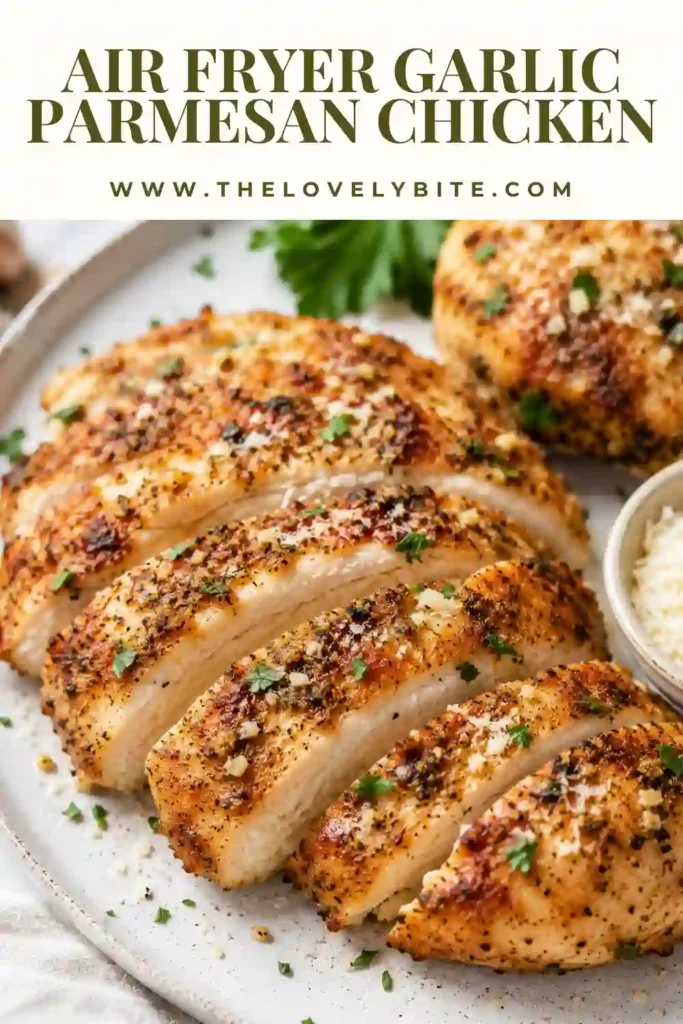 Freshly cooked air fryer chicken breast with a golden Parmesan crust garnished with parsley. A healthy and protein-packed dinner ready in minutes.