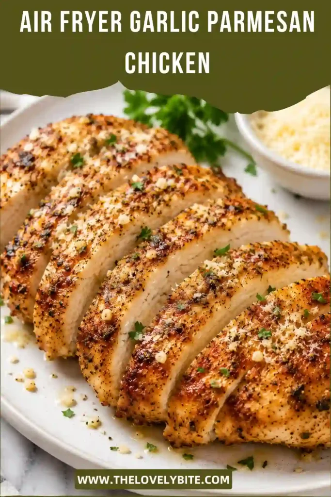Close-up of crispy Air Fryer Garlic Parmesan Chicken sliced to reveal its juicy interior. Served alongside fresh vegetables for a complete healthy dinner.