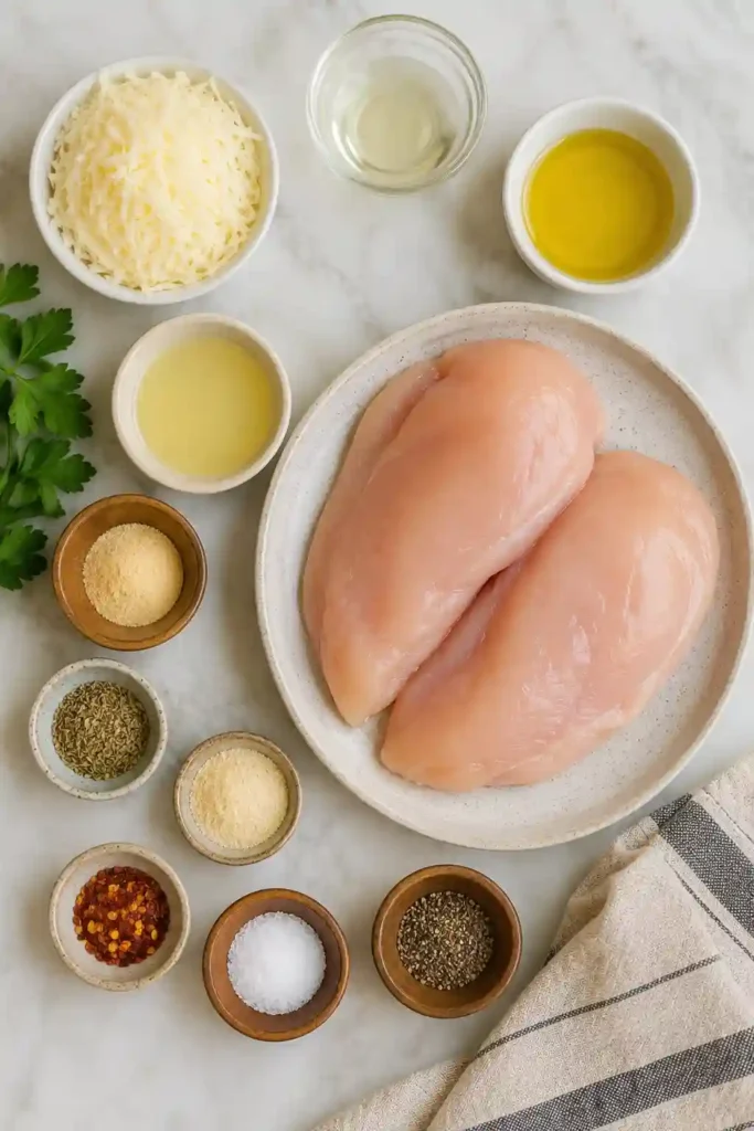 Air Fryer Garlic Parmesan Chicken plated with roasted potatoes and green beans. The crispy Parmesan coating and tender chicken make an irresistible main course.