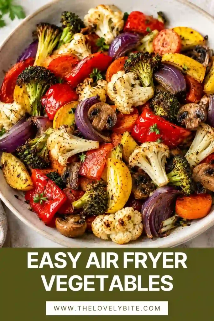 A colorful bowl of Air Fryer Vegetables featuring broccoli, cauliflower, zucchini, carrots, mushrooms, and bell peppers with fresh parsley and Parmesan. The vegetables are perfectly crisp-tender and lightly caramelized.