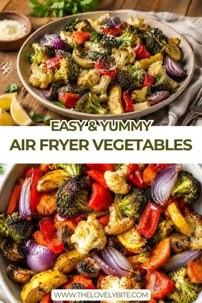 Fresh air fryer mixed vegetables including zucchini, broccoli, mushrooms, carrots, cauliflower, and peppers served warm in a white bowl. Golden roasted edges add delicious texture.