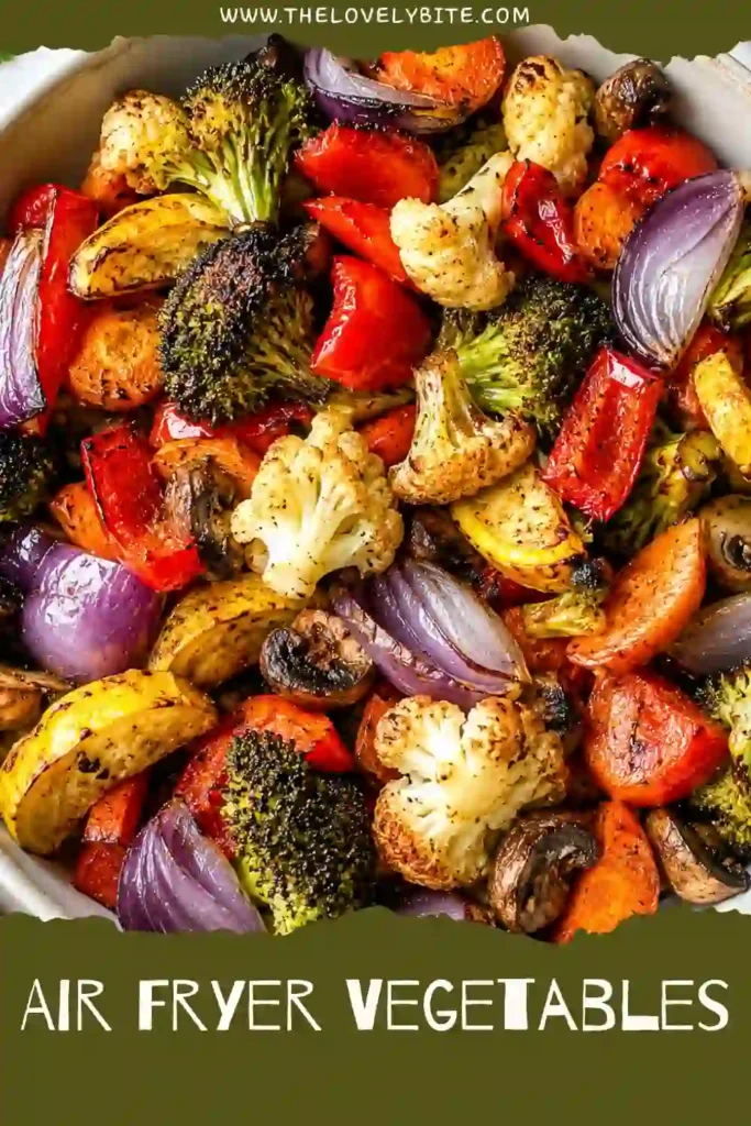 Healthy Air Fryer Vegetables served with chopped parsley and grated Parmesan in a serving bowl. Fresh vegetables are roasted until beautifully browned.