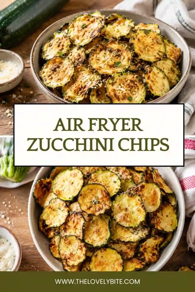 Close-up of golden Air Fryer Zucchini Chips arranged on a serving platter with fresh herbs.