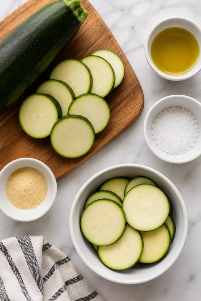 Crispy zucchini chips served with Greek yogurt dip and fresh herbs in a rustic snack platter.