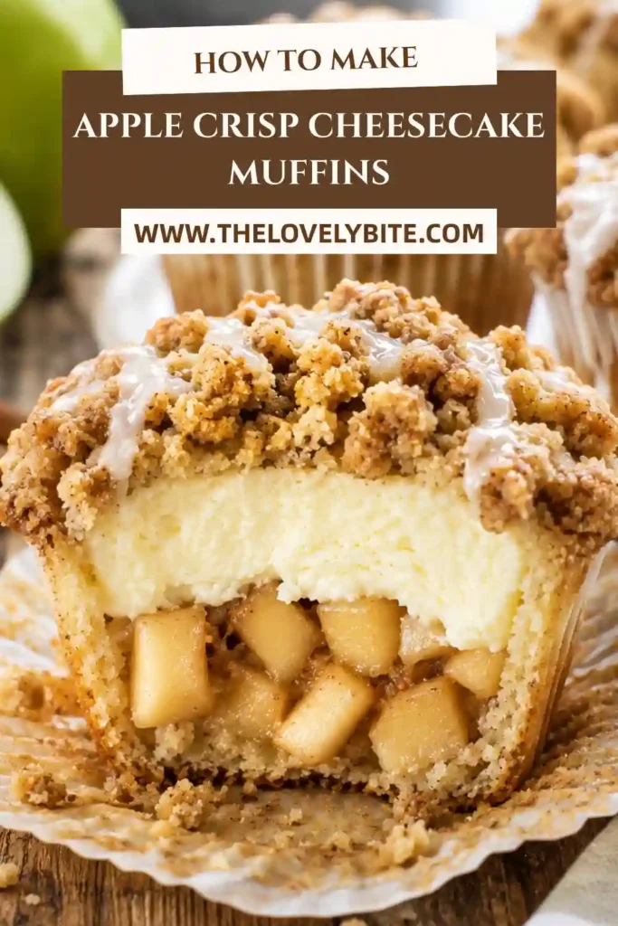 Bakery-style Apple Crisp Cheesecake Muffins cooling on a wire rack with creamy cheesecake centers, spiced apples, and crisp oat topping. Perfect for breakfast or dessert.