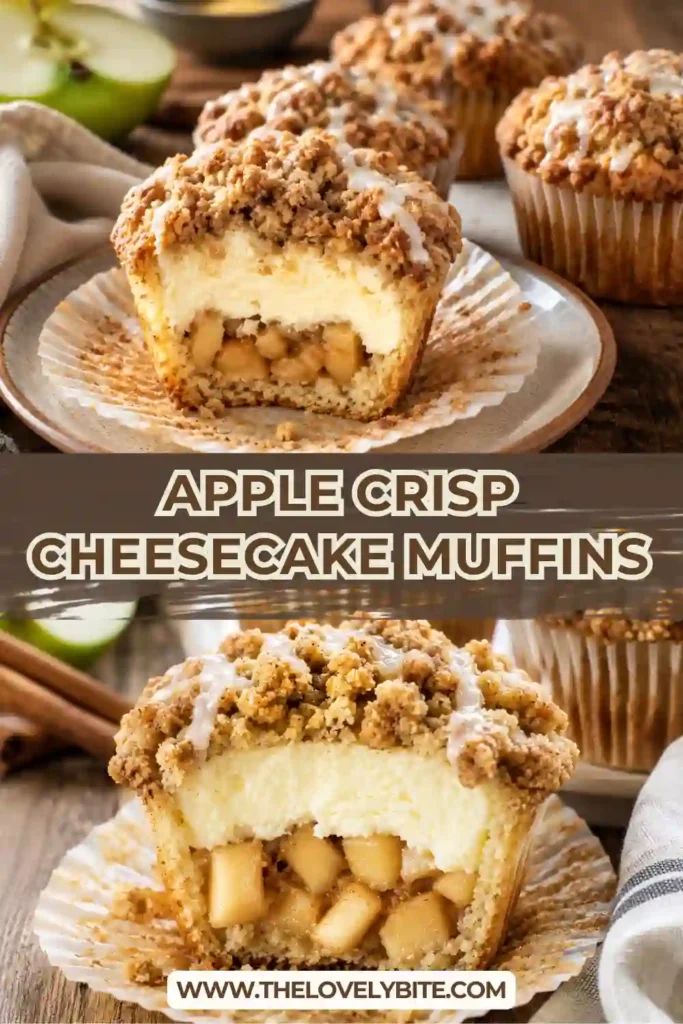 Homemade Apple Crisp Cheesecake Muffins served with cinnamon apples, cream cheese filling, buttery crumble topping, and a light vanilla glaze for cozy fall baking.
