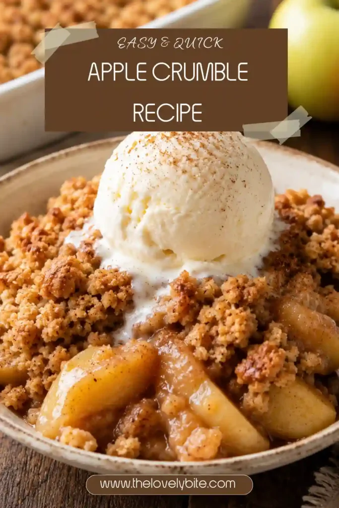 A serving of easy apple crumble topped with creamy vanilla ice cream in a white dessert bowl. The buttery crumble contrasts beautifully with the soft baked apples.