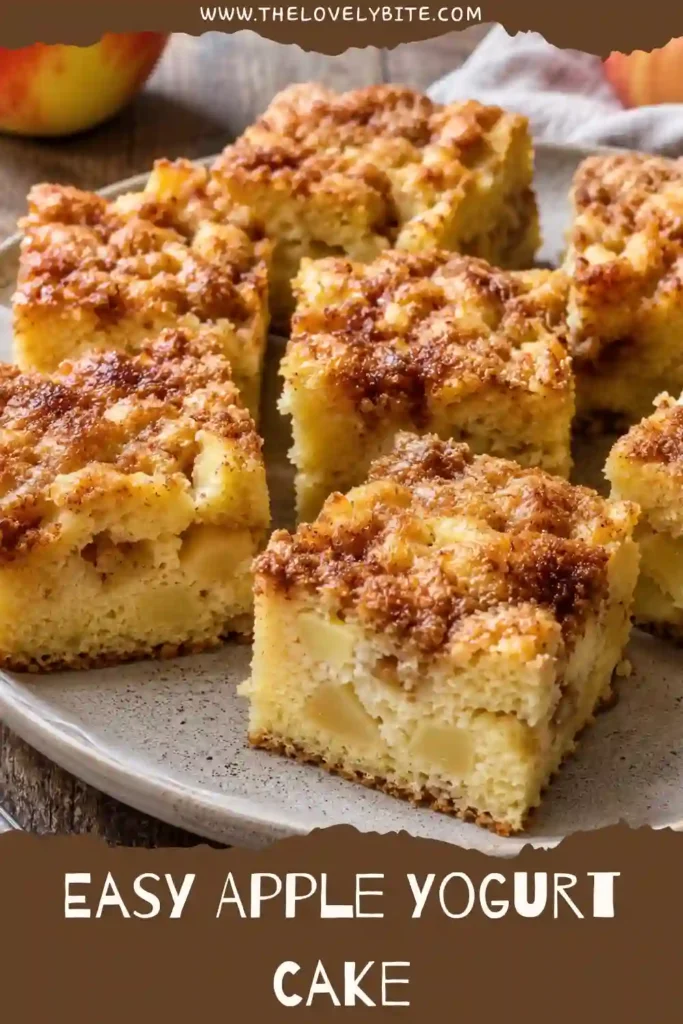 Slices of moist Apple Yogurt Cake served on a white plate, showing juicy apple pieces and a rich cinnamon swirl. A comforting fall apple dessert perfect with coffee or tea.