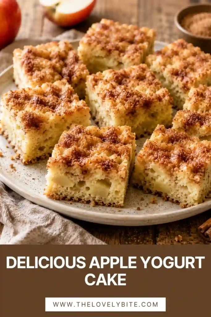 Homemade Apple Yogurt Cake cooling on a wire rack with its golden brown top and cinnamon sugar topping. The yogurt creates an incredibly tender and moist crumb.