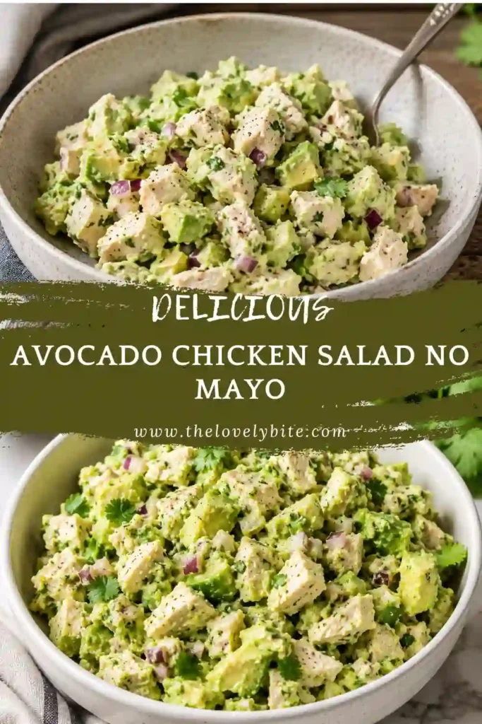 Creamy Avocado Chicken Salad No Mayo served over crisp lettuce with fresh cilantro and diced celery. This healthy low carb chicken salad is made with ripe avocado instead of mayonnaise.