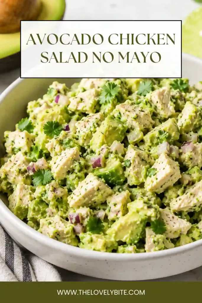 A bowl of healthy avocado chicken salad featuring tender chicken, mashed Hass avocado, celery, and fresh herbs. This keto-friendly lunch is creamy, fresh, and naturally gluten-free.