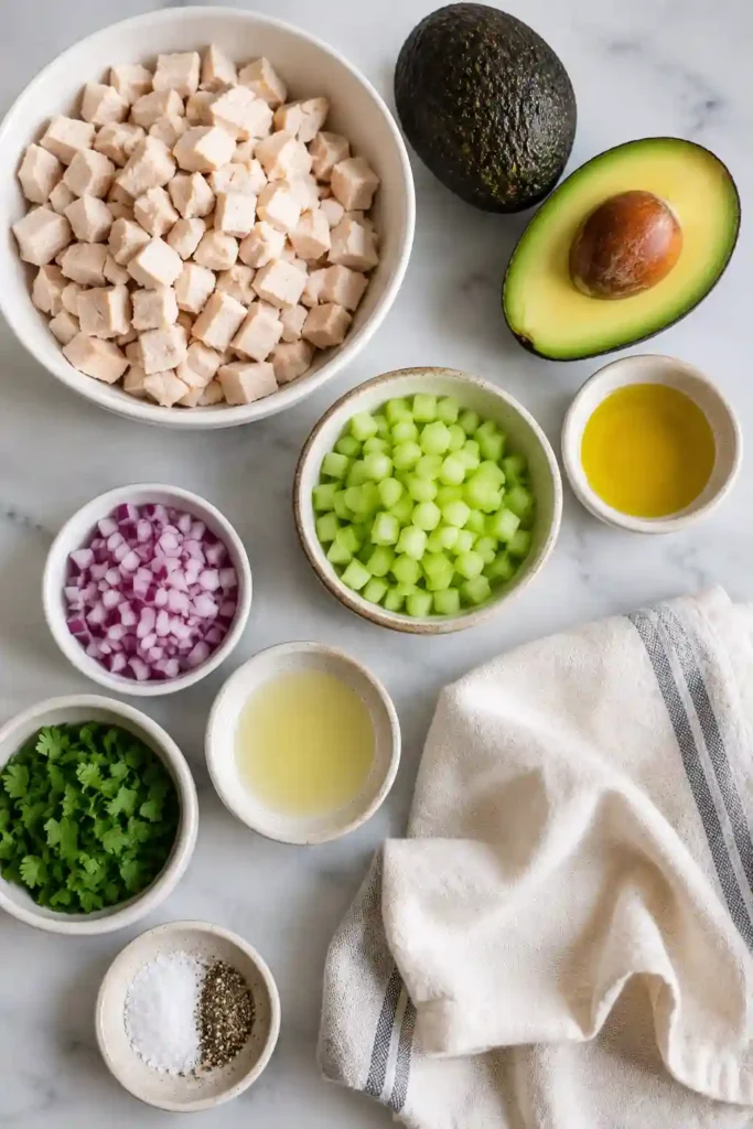 Fresh avocado chicken salad made without mayonnaise using diced chicken, celery, onion, lemon juice, and avocado. A quick healthy meal for lunch or meal prep.