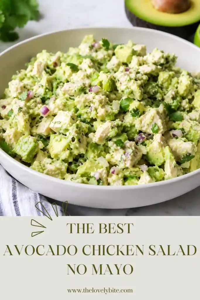 Close-up of homemade Avocado Chicken Salad No Mayo topped with chopped cilantro and served with lettuce. A high-protein, low carb recipe perfect for easy lunches.