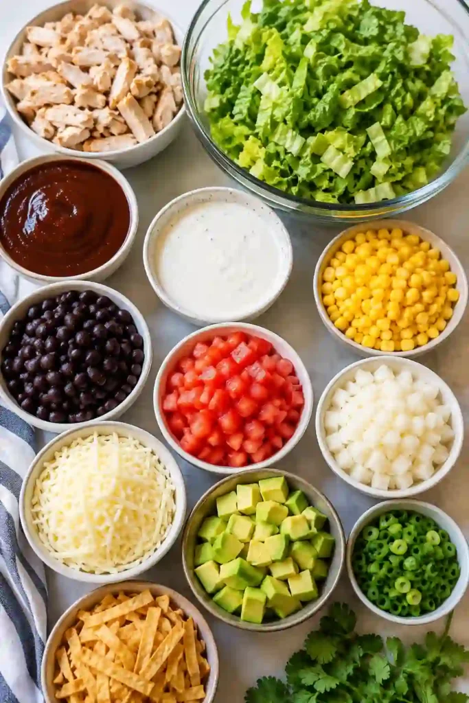A bowl of BBQ Chicken Salad filled with barbecue chicken, romaine lettuce, black beans, corn, avocado, tomatoes, Monterey Jack cheese, and crispy tortilla strips. This colorful salad is fresh, hearty, and perfect for lunch or dinner.