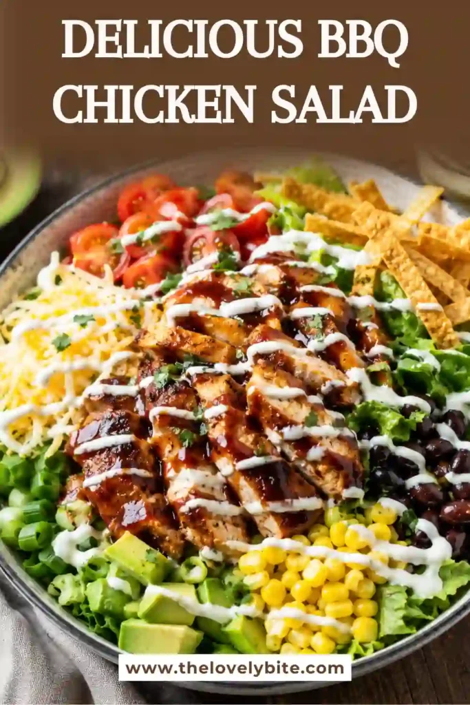 Fresh BBQ Chicken Salad topped with smoky chicken, creamy ranch dressing, avocado, cheese, tomatoes, corn, and crunchy tortilla strips. A healthy and satisfying family meal.