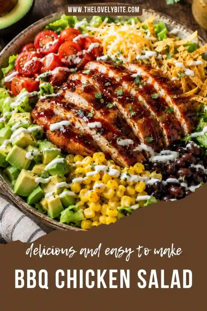 Healthy BBQ ranch chicken salad served with crisp vegetables, juicy chicken, black beans, cheese, and fresh avocado. A quick and flavorful summer salad recipe.
