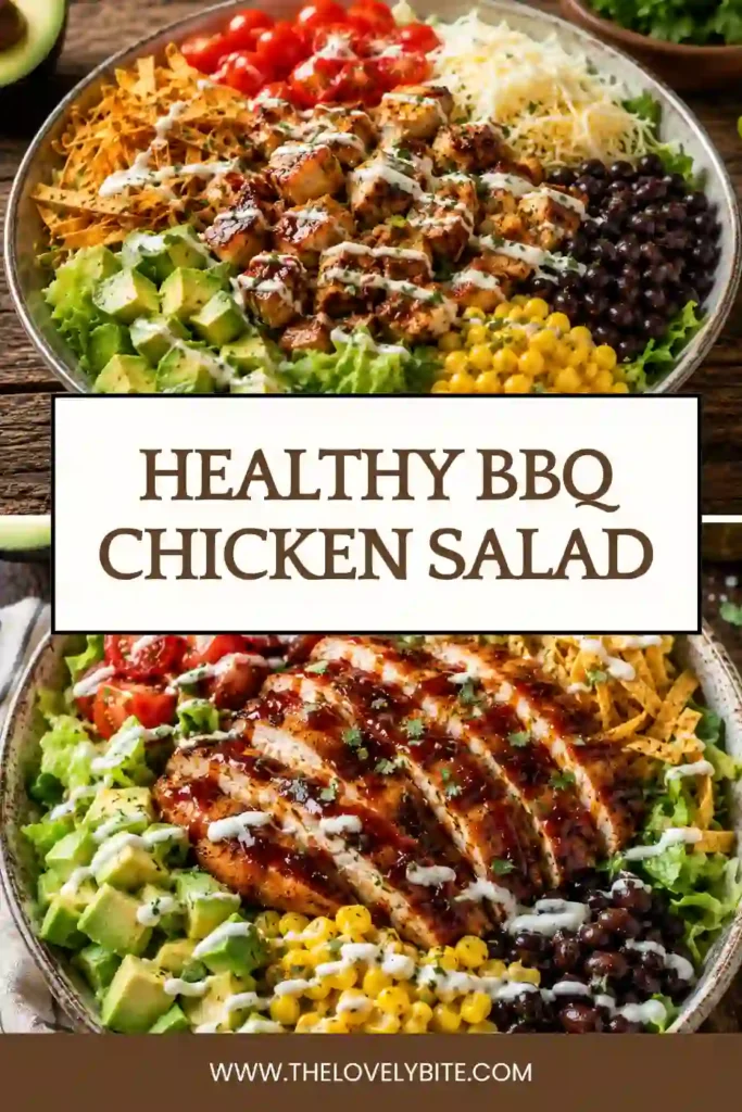 Easy homemade BBQ Chicken Salad layered with crisp lettuce, barbecue chicken, colorful vegetables, shredded cheese, and crunchy tortilla strips. Ideal for meal prep and family dinners.