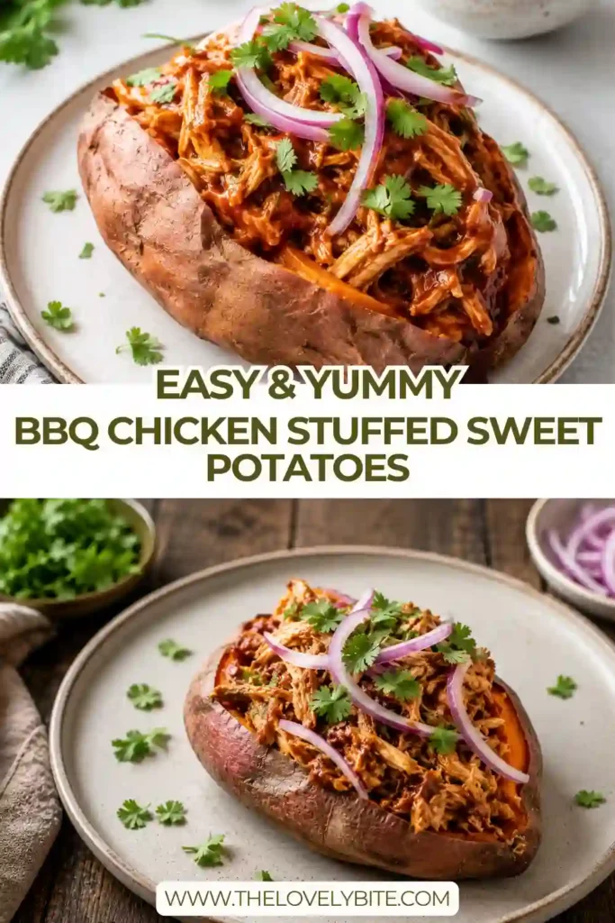 Healthy stuffed sweet potatoes topped with shredded BBQ chicken, cilantro, and red onion on a serving plate. A protein-packed family dinner with vibrant colors and bold flavors.