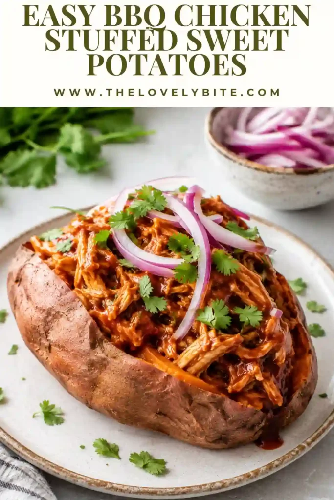 Oven-baked sweet potatoes stuffed with smoky BBQ chicken and garnished with fresh cilantro. A wholesome gluten-free dinner idea packed with protein.