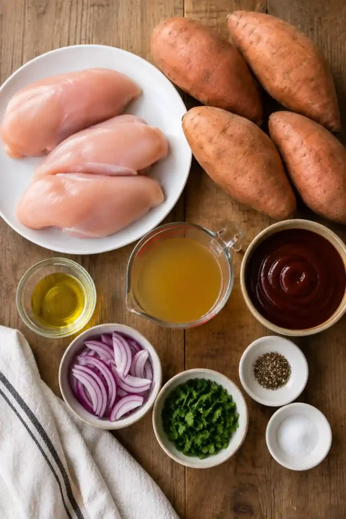 Freshly baked BBQ Chicken Stuffed Sweet Potatoes filled with tender shredded BBQ chicken and topped with sliced red onion and cilantro. This hearty healthy dinner is colorful, wholesome, and perfect for weeknight meals.