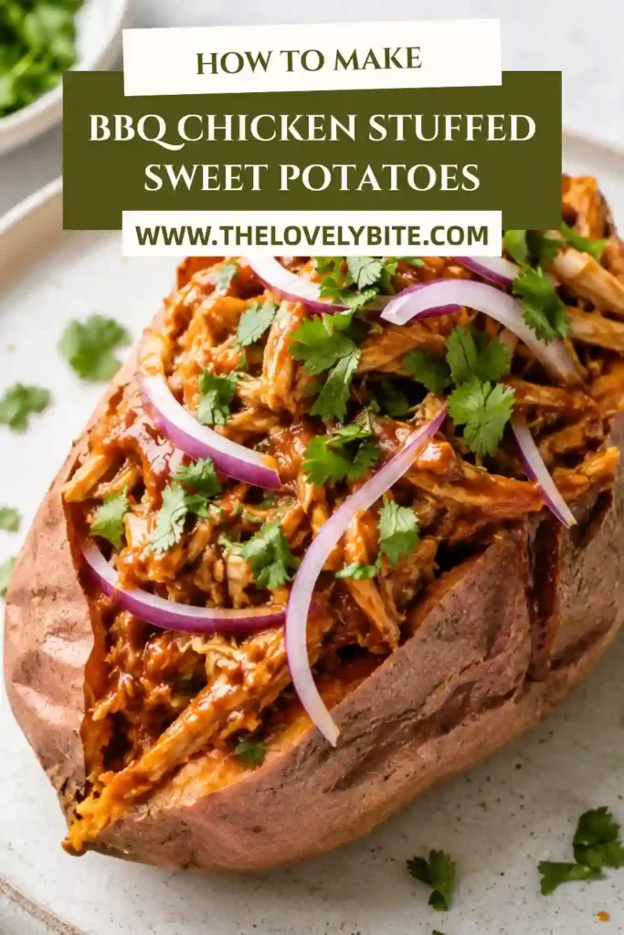 Loaded BBQ Chicken Stuffed Sweet Potatoes served warm with fresh cilantro and sliced red onions. An easy homemade comfort food recipe.