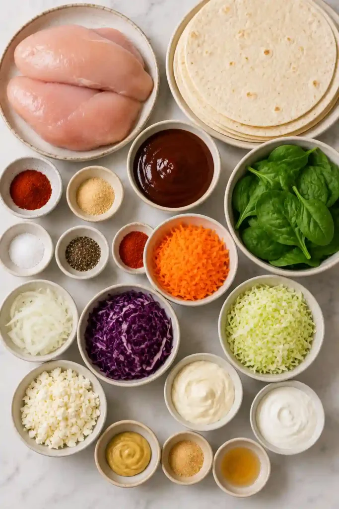 Easy BBQ Chicken Wrap featuring tender barbecue chicken, homemade coleslaw, spinach, and soft tortillas. A flavorful handheld meal for lunch or dinner.